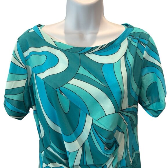 Donna Morgan Size 6 Swirl Print Dress | Turquoise Teal Blue | Belted Psychedelic - Picture 2 of 6